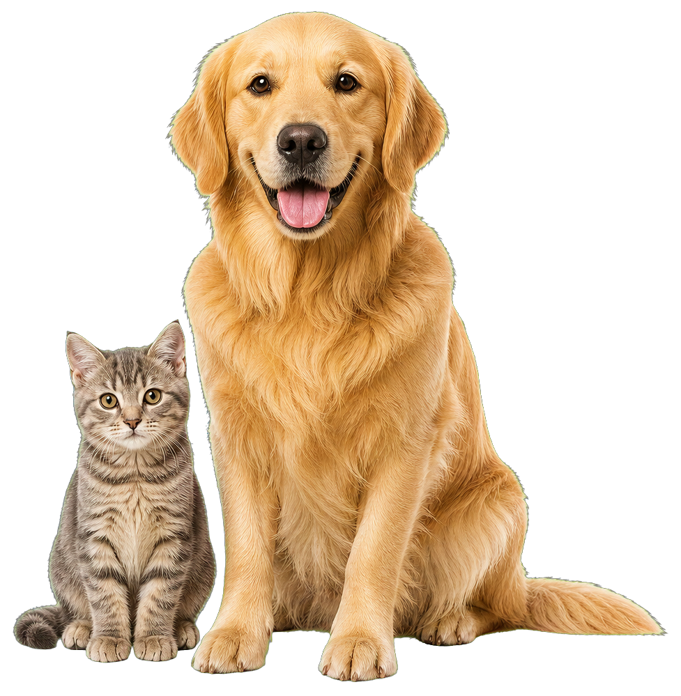 A friendly golden retriever and grey tabby kitten