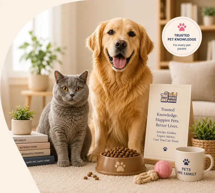 Happy golden retriever and cat with pet care essentials at home